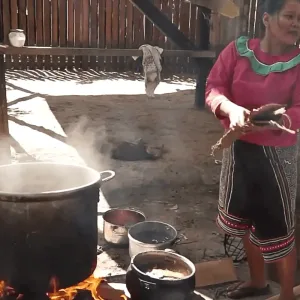 Indigenous woman preparing natural dyes over open fire using large pots in an outdoor kitchen